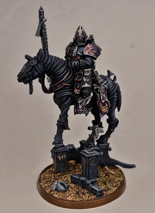 Image similar to 8 0 mm resin detailed miniature of a warhammer 4 0 k grim reaper, riding a black horse, bloody, product introduction photos, 4 k, full body,