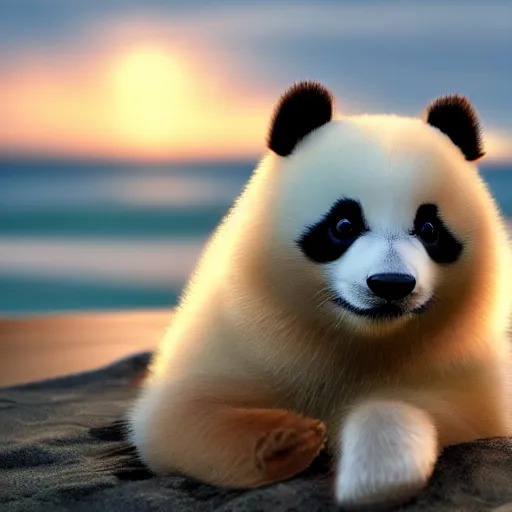 Image similar to a closeup photorealistic photograph of a panda themed Pomeranian puppy at the beach during sunset This 4K HD image is Trending on Artstation, featured on Behance, well-rendered, extra crisp, features intricate detail and the style of Unreal Engine.