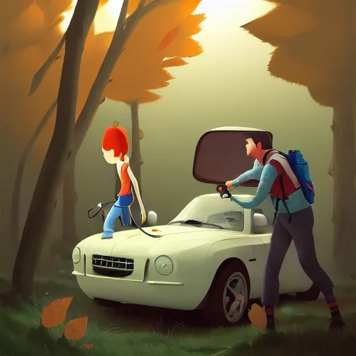 Image similar to goro fujita ilustration hikers loading the car to go to the forest, painting by goro fujita, sharp focus, highly detailed, artstation