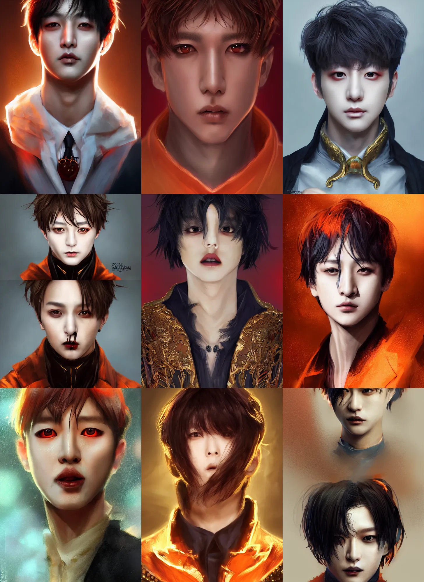 Prompt: jeon junkook as a vampire. wearing intricate styled outfit, semi realism, anime realism, symmetrical face, slim face, distinct eyes and nose, appealing, photorealism, uhd, amazing depth, glowing, golden ratio, sakimichan, greg rutowski, volumetric lighting, cinematic lighting, red orange lighting, artstation concept art