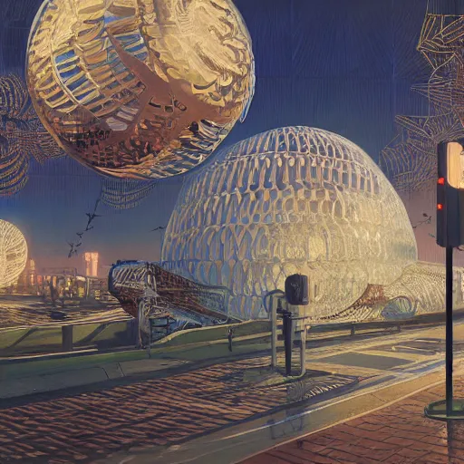 Prompt: painting of syd mead artlilery scifi parametric dome with ornate metal work lands on a sidewalk, filigree ornaments, volumetric lights, simon stalenhag