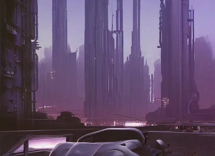 Image similar to a car! driving down a street next to tall buildings, cyberpunk art by Chesley Bonestell, cgsociety, retrofuturism, matte painting, reimagined by industrial light and magic