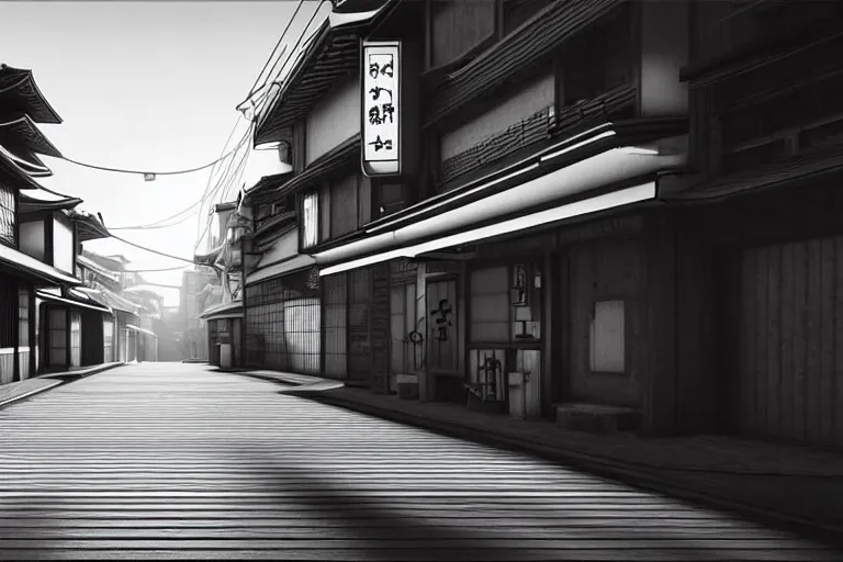 Prompt: still photo of a japanese street, black and white color aesthetic, highly detailed, photorealistic portrait, bright studio setting, studio lighting, crisp quality and light reflections, unreal engine 5 quality render