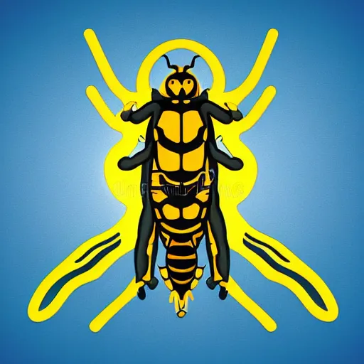 Image similar to human man that resembles a wasp morh in surreal sketch style, blue and yellow gradient, noise, ultrafine detail, hd 8k, logo illustration