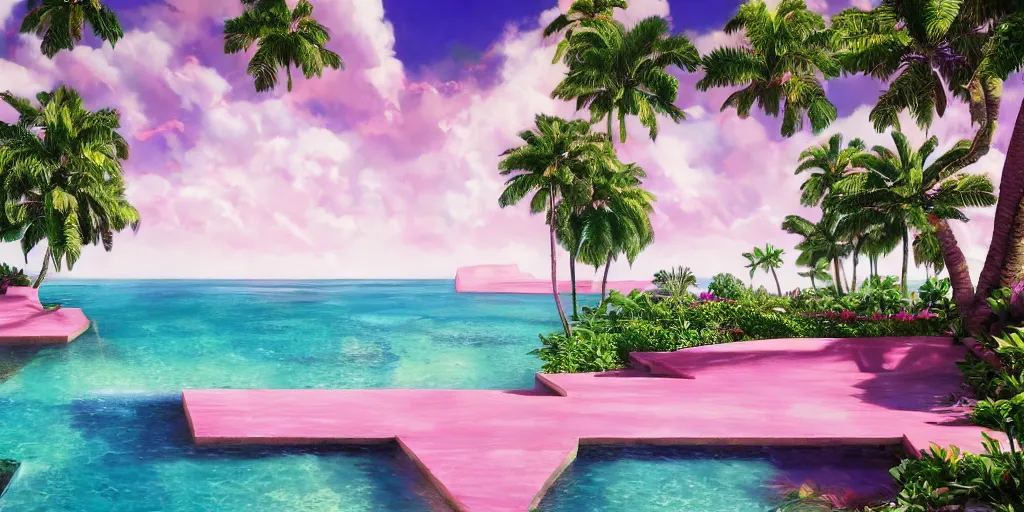 Prompt: masterpiece, hyperrealistic surrealism, award winning masterpiece with incredible details, epic stunning, infinity pool, a surreal vaporwave liminal space, highly detailed, trending on ArtStation, calming, meditative, pink arches, flowing silk sheets, palm trees, very vaporwave, very very surreal, sharp details, dreamscape