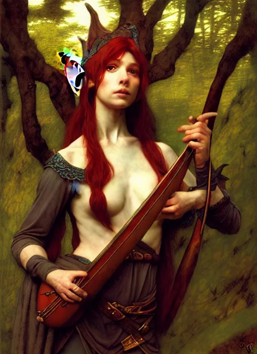 Image similar to forest elf bard playing lute, full body, hyper realistic, extremely detailed, dnd character art portrait, dark fantasy art, intricate fantasy painting, dramatic lighting, vivid colors, deviantart, artstation, by edgar maxence and caravaggio and michael whelan and delacroix.