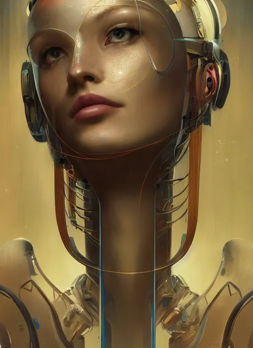 Image similar to portrait of a beautiful female android, coy, circuitry visible in head, in the style of ex machina, karol bak, botticelli, raphael, greg rutkowski, artstation,