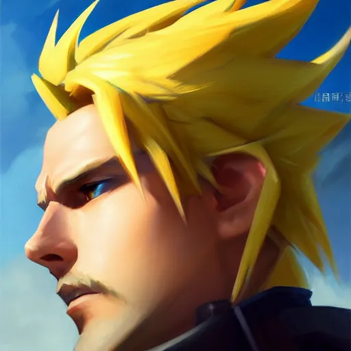 Image similar to Greg Manchess portrait painting o Cloud Strife as Overwatch character, medium shot, asymmetrical, profile picture, Organic Painting, sunny day, Matte Painting, bold shapes, hard edges, street art, trending on artstation, by Huang Guangjian and Gil Elvgren and Sachin Teng