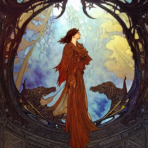Prompt: the second coming of smaug, by rebecca guay and by arthur rackham and by alphonse mucha and by john william waterhouse, cosmic, heavenly, god rays, intricate detail, cinematic, 8 k, cel shaded, unreal engine, featured on artstation, pixiv