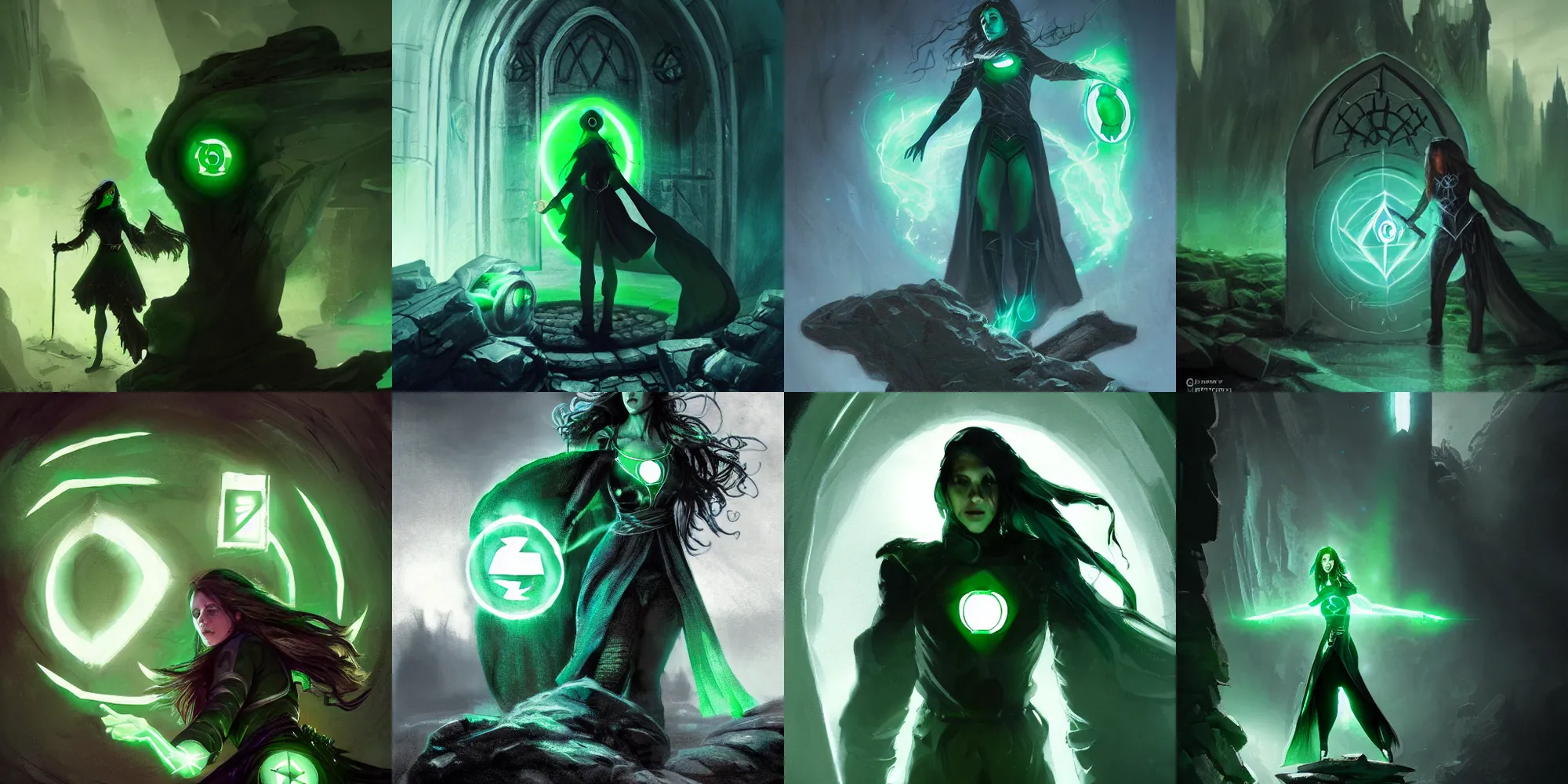 Prompt: sorceress, portal in the rock, dark atmosphere, glowing runes, green lantern light, dark coat, long hair, full figure, gate, guard, long coat, ink full of details, concept art, digital art, 4k, by greg rutkowski, trending on artstation