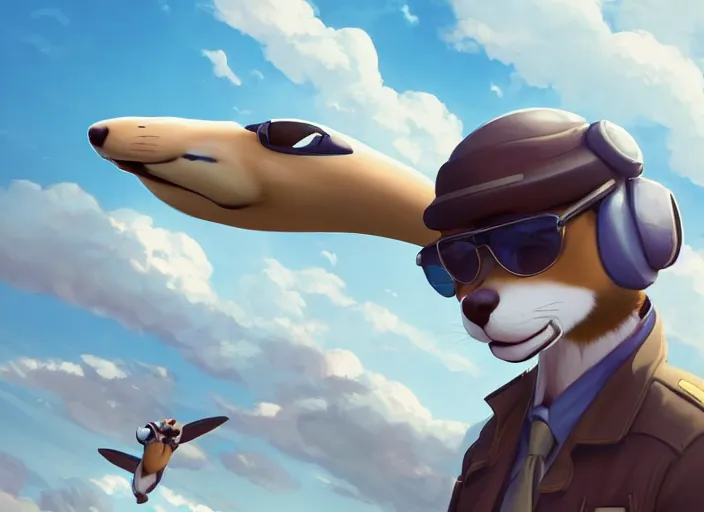 Image similar to character portrait feature of the anthro male anthropomorphic ferret fursona wearing airline pilot outfit uniform professional pilot character design stylized by charlie bowater, ross tran, artgerm, and makoto shinkai, detailed, soft lighting, rendered in octane, airport in background