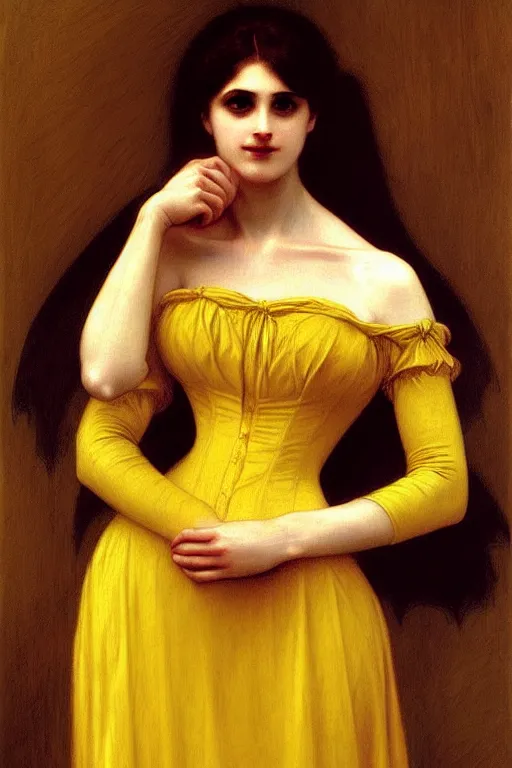 Prompt: victorian vampire in yellow dress, painting by rossetti bouguereau, detailed art, artstation