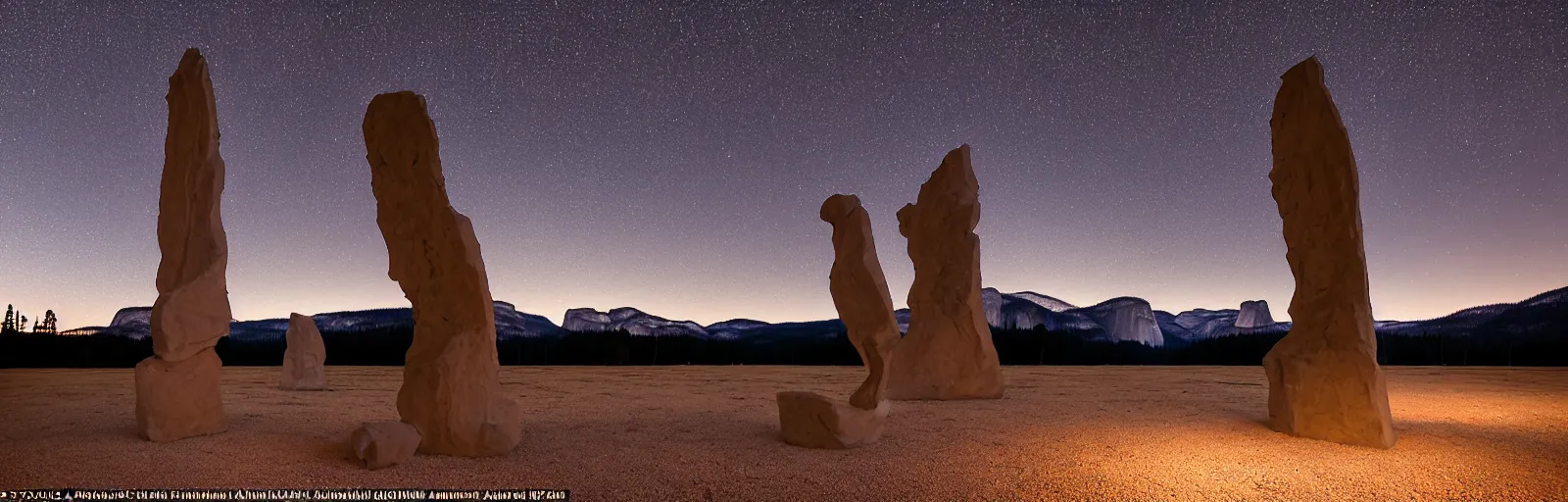 Image similar to to fathom hell or soar angelic, just take a pinch of psychedelic, medium format photograph of two colossal minimalistic necktie sculpture installations by antony gormley and anthony caro in yosemite national park, made from iron, marble, and limestone, granite peaks visible in the background, taken in the night