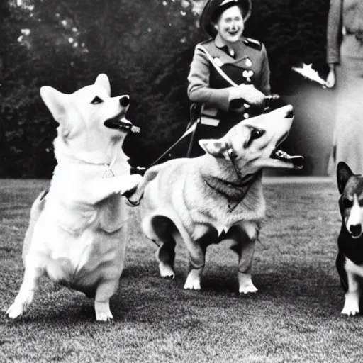 Prompt: historical photo of queen elizabeth and her corgis defeating the nazis, natural sunlight, sharp focus, highly detailed