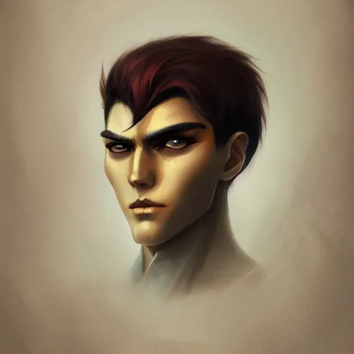 Image similar to headshot portrait of male anime character extremely sharp jaws slit yellow eyes medium red hair by anato finnstark, tom bagshaw, brom