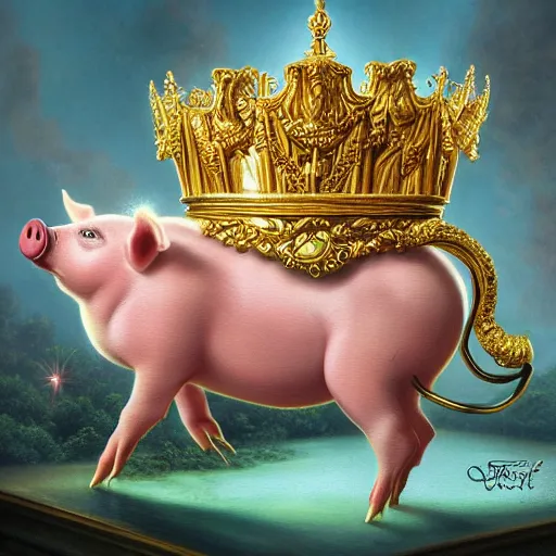 Prompt: pig with a gold crown with mustache, Realistic, Regal, Refined, Detailed Digital Art, Michael Cheval, Walt Disney (1937), François Boucher, Oil Painting, Steampunk, Highly Detailed, Cinematic Lighting, Unreal Engine, 8k