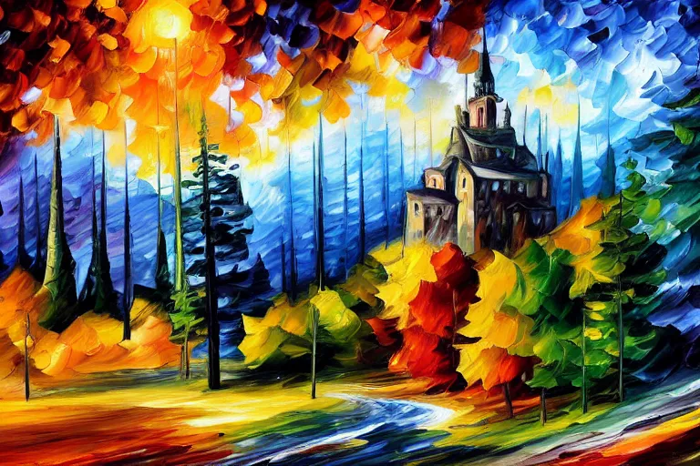 Prompt: the evil overlords tower rises above the gnarled woods in the mountain valley by Leonid Afremov