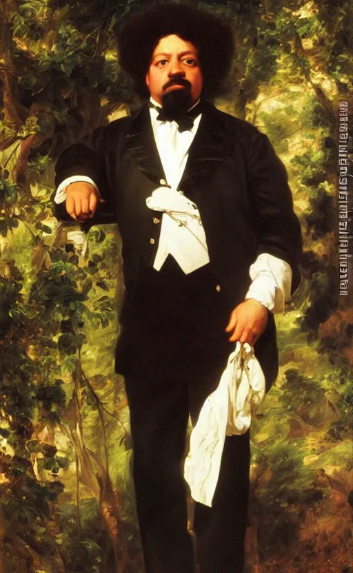 Image similar to Portrait of Alexandre Dumas, oil on canvas, highly detailed, high contrast, by Franz Xaver Winterhalter, Henry Ossawa Tanner, Anthony van Dyck, 8k