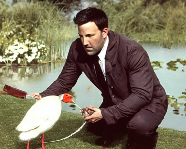 Prompt: color photo of ben affleck with white pekin duck on leash near pond