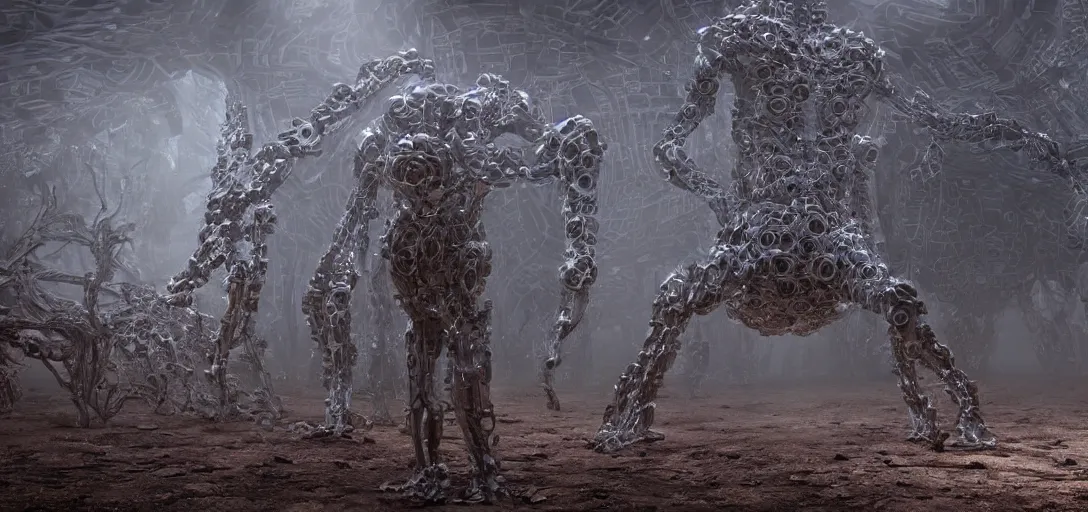 Image similar to a complex organic fractal 3 d metallic symbiotic ceramic humanoid megastructure creature in a suburban neighborhood, foggy, cinematic shot, photo still from movie by denis villeneuve, wayne barlowe