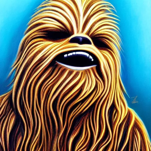 Prompt: A painting of chewbacca thinking designed by alex grey, flooko, etheral, detailed, glows,