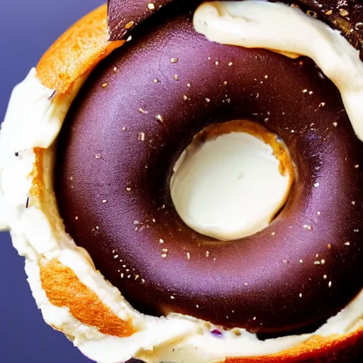 Prompt: an extreme close up of a new york city bagel with cream cheese, mouth watering, 80mm macro lens