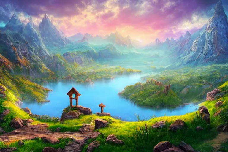 Image similar to a beautiful fantasy landscape with lakes and hills and mountains