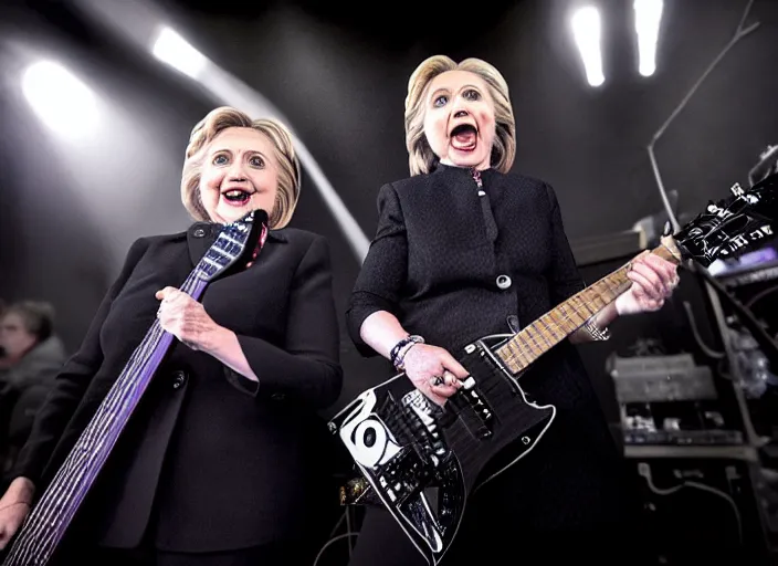 Image similar to publicity photo still of hillary clinton in a death metal band playing live on stage, 8 k, live concert lighting, mid shot