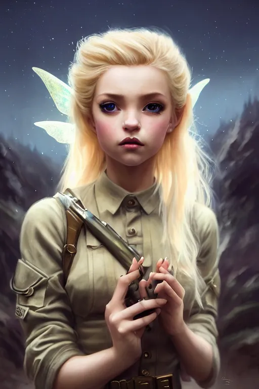 Image similar to cinematic shot of an epic portrait of a cute blonde fairy dressed in military clothes, stylised military clothes, shiny skin, beautiful eyes, beautiful, small details, night setting, realistic poster with volumetric light from craig mallism, artgerm, jeremy lipkin and michael garmash, unreal engine, radiant light, digital art, trends at art station, a masterpiece