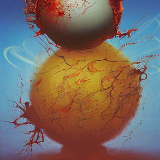 Image similar to a sphere being devoured by abstract splatters of paint in the style of francis bacon, venus being engulfed in flames in the style of james jean, surreal, beksinski, high detailed