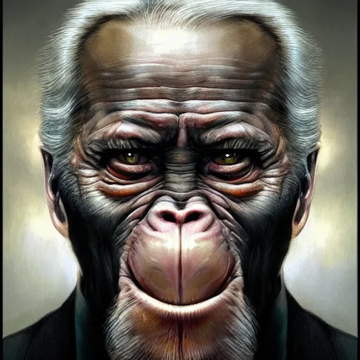 Image similar to Very funny Joe Biden looking like an old monkey, colorful painting on grey scale face, powerful , magic, thunders, dramatic lighting, intricate, wild, highly detailed, digital painting, artstation, concept art, smooth, sharp focus, illustration, art by artgerm and greg rutkowski and alphonse mucha, footage