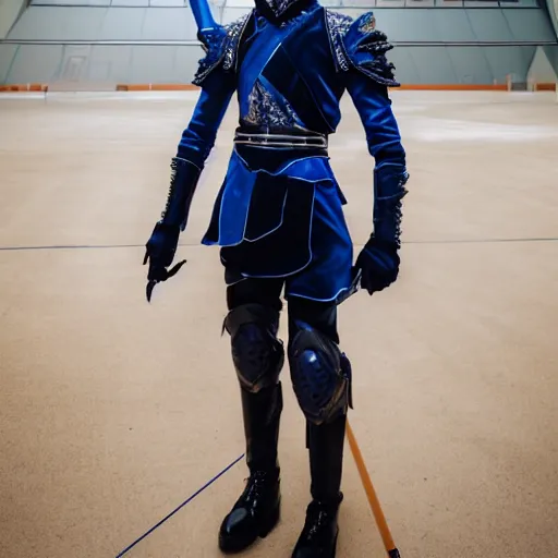 Image similar to low angle shot of austin Butler dressed in dark-blue-futuristic-baroque duelist-garb and carbon-armor, standing in an arena, XF IQ4, f/1.4, ISO 200, 1/160s, 8K, RAW, unedited, symmetrical balance, face in-frame