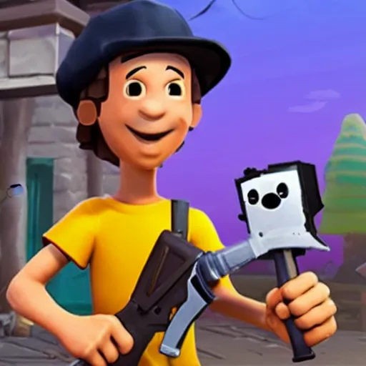 Prompt: el chavo del 8 as a fortnite character, with a machine gun, in fornite