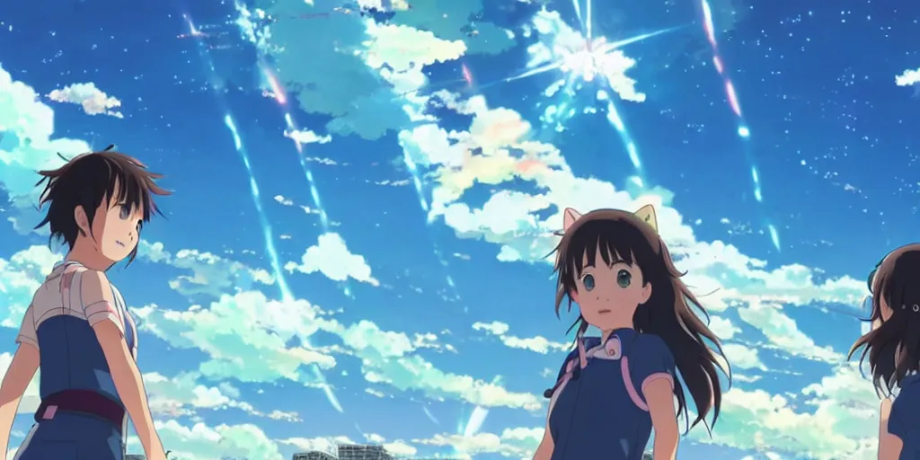 Prompt: a stunning frame from the anime kimi no na wa your name, a cute cat girl in a bathing suit looks at the city before the end, in the sky there is a huge spaceship.