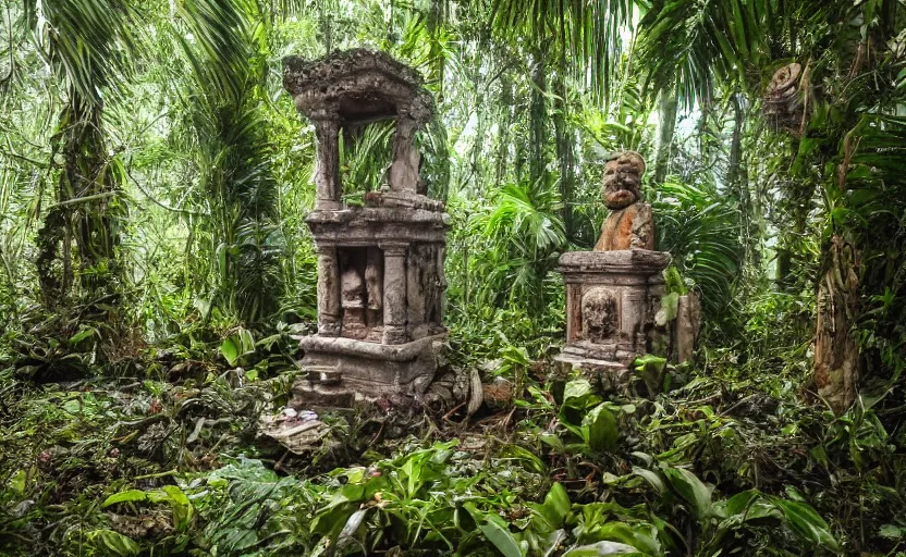 Image similar to ancient jungle altar with giant statue of SpongeBob, abandoned, overgrown, atmospheric, cgisociety