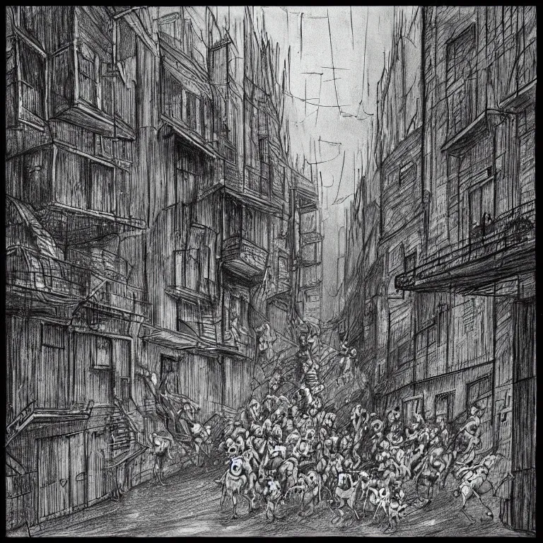 Prompt: a drawing in the style of stephen gammell of a alley way with a horde of rats and cockroaches coming out