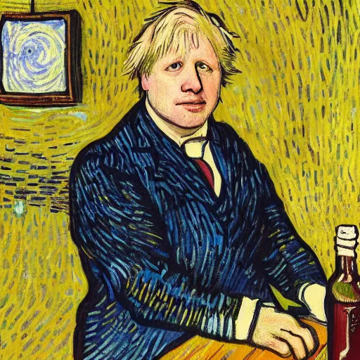 Image similar to detailed portrait of boris johnson as an 1890s peasant with enoumous crazy hair at a party at a cafe on a starry night painted by van gogh. digital art. high quality.