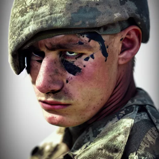 Prompt: soldier!!!!! portrait! pain, eyes, shoulders!!!!!!, sadness, photography