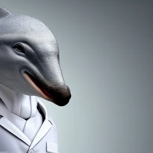Image similar to An anthropomorphic grey dolphin wearing a white lab-coat, digital painting, close-up
