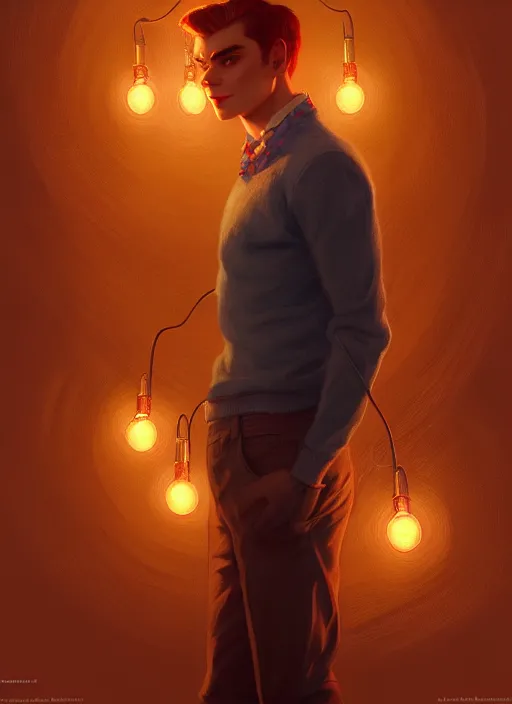 Image similar to portrait of archie andrews, intricate, elegant, glowing lights, highly detailed, digital painting, artstation, concept art, smooth, sharp focus, illustration, art by wlop, mars ravelo and greg rutkowski