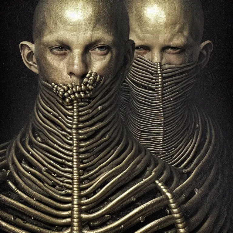 Prompt: symmetrical portrait painting of ribbed man covered with metallic ribbed spinal tubes by hieronymus bosch, lucid dream - like heavy atmosphere, baroque painting, perfect composition, detailed octane render trending on artstation, 8 k artistic photography, volumetric cinematic perfect light, chiaroscuro, masterpiece, raphael, caravaggio, beksinski, rutkowski, beeple