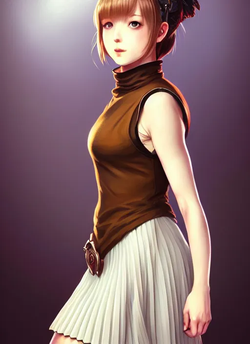 Image similar to portrait of a full body of beautiful young female detective, d & d, sleeveless turtleneck, pleated skirt, fantasy, flat lighting, intricate, highly detailed, digital painting, artstation, concept art, smooth, sharp focus, illustration, misa amane, art by simon bisley and greg rutkowski and alphonse mucha, natural tpose