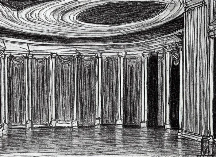 Image similar to pencil drawin of the inside of a old theater, creepy, haunted,