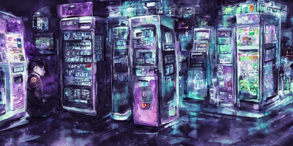 Prompt: broken vending machines, Ghost in the Shell, ultrawide watercolor