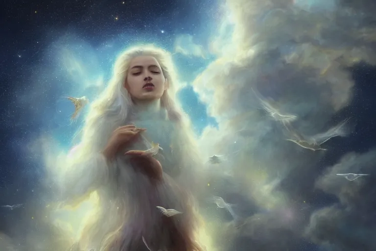 Prompt: a beautiful portrait of a cloud goddess with numerous tiny birds flying in the background and closed eyes, galaxy theme colors, galaxy theme colors, ultra realistic digital art by Greg Rutkowski and Raymond Swanland, Trending on Artstation, ultra realistic digital art, ultra realistic digital art