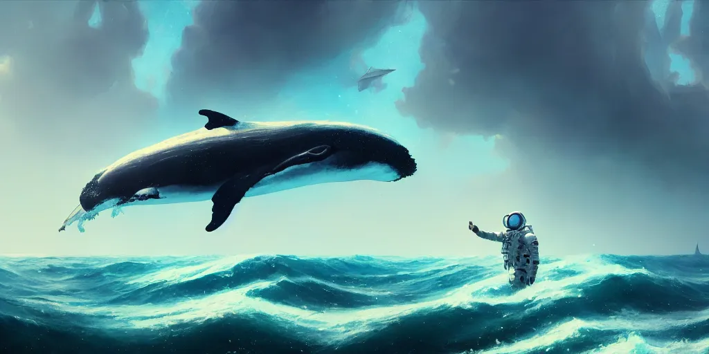 Image similar to astronaut in the ocean, whales are swimming on the sky, extremely detailed digital painting, in the style of Fenghua Zhong and Ruan Jia and jeremy lipking and Peter Mohrbacher, mystical colors, rim light, beautiful Lighting, 8k, stunning scene, raytracing, octane, trending on artstation