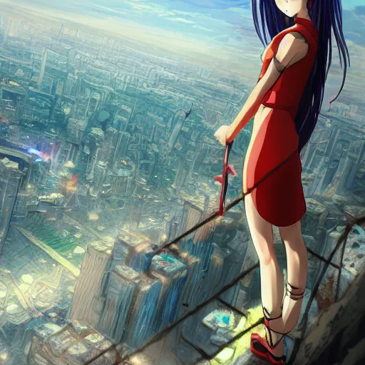 Prompt: anime girl dressed in the looking from the edge of the cliff on the giant city below, midnight, trending on artstation, highly detailed, satoshi kon and kentaro miura artstyle