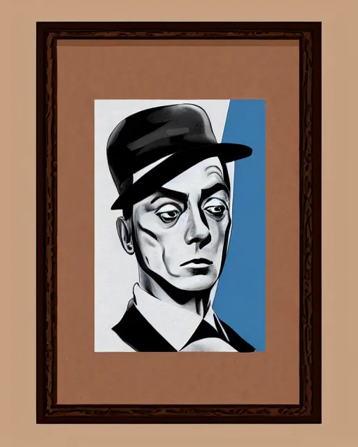 Prompt: buster keaton anime style portrait, soft shading, vibrant colors, blue eyes, sharp cheekbones, vintage hollywood illustration, trending on pixiv