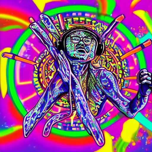 Image similar to svg sticker of a Dancing-Alex-Grey-Psychedelic-Rave-Man, at a rave, spinning records, giant headphones rocking out, wearing headphones, huge speakers, dancing, rave, DJ, spinning records, digital art, amazing composition, rule-of-thirds, award-winning, trending on artstation, featured on deviantart