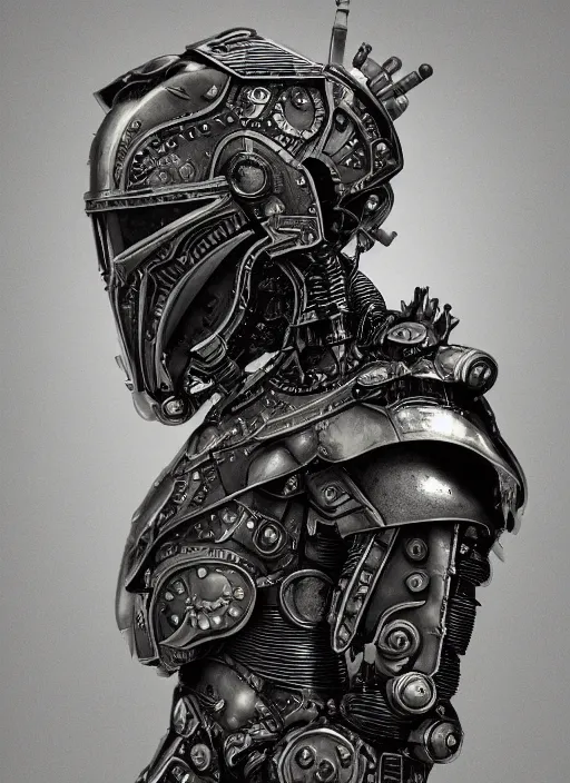 Image similar to old wetplate daguerreotype frame portrait of a futuristic silver armored knight district 9 cyborg, fractal, intricate, elegant, highly detailed, subsurface scattering, by jheronimus bosch and greg rutkowski and louis jacques mande daguerre